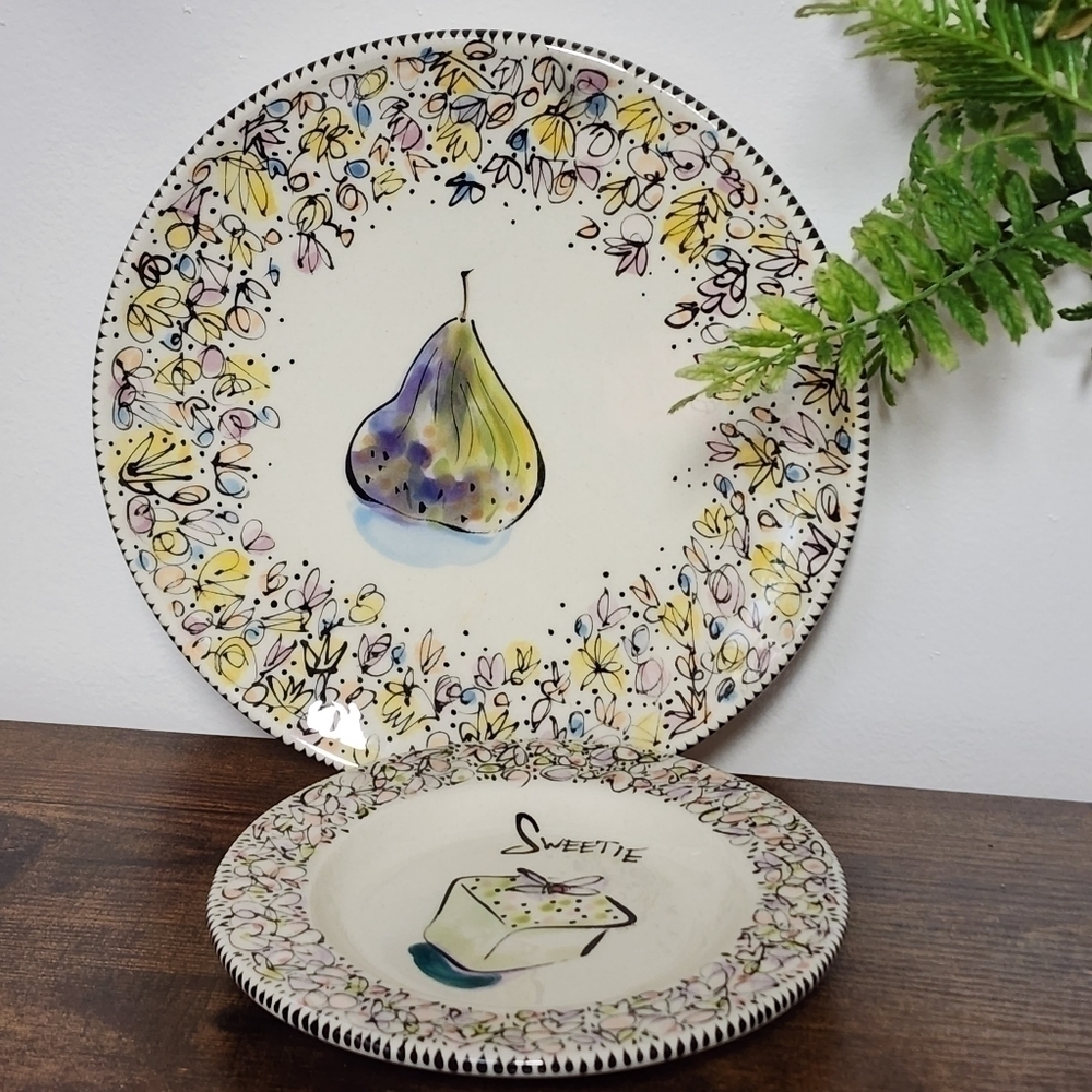 Handpainted Plates Art Sally Mara Sturman Ceramic Dessert Abstract Pear Sweetie.